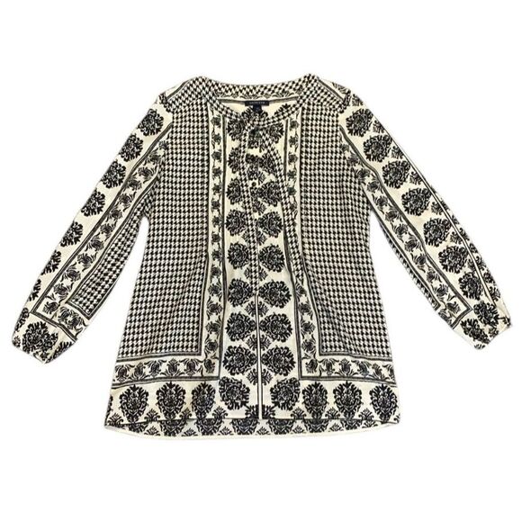 Lands’ End Black White Houndstooth Floral Tie Neck Button Front LS Tunic Sz 12 - Picture 2 of 16